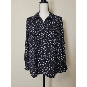 Kim Rogers Petite XL Button Up Blouse Collar Long Roll Tab Sleeve Breast Pockets